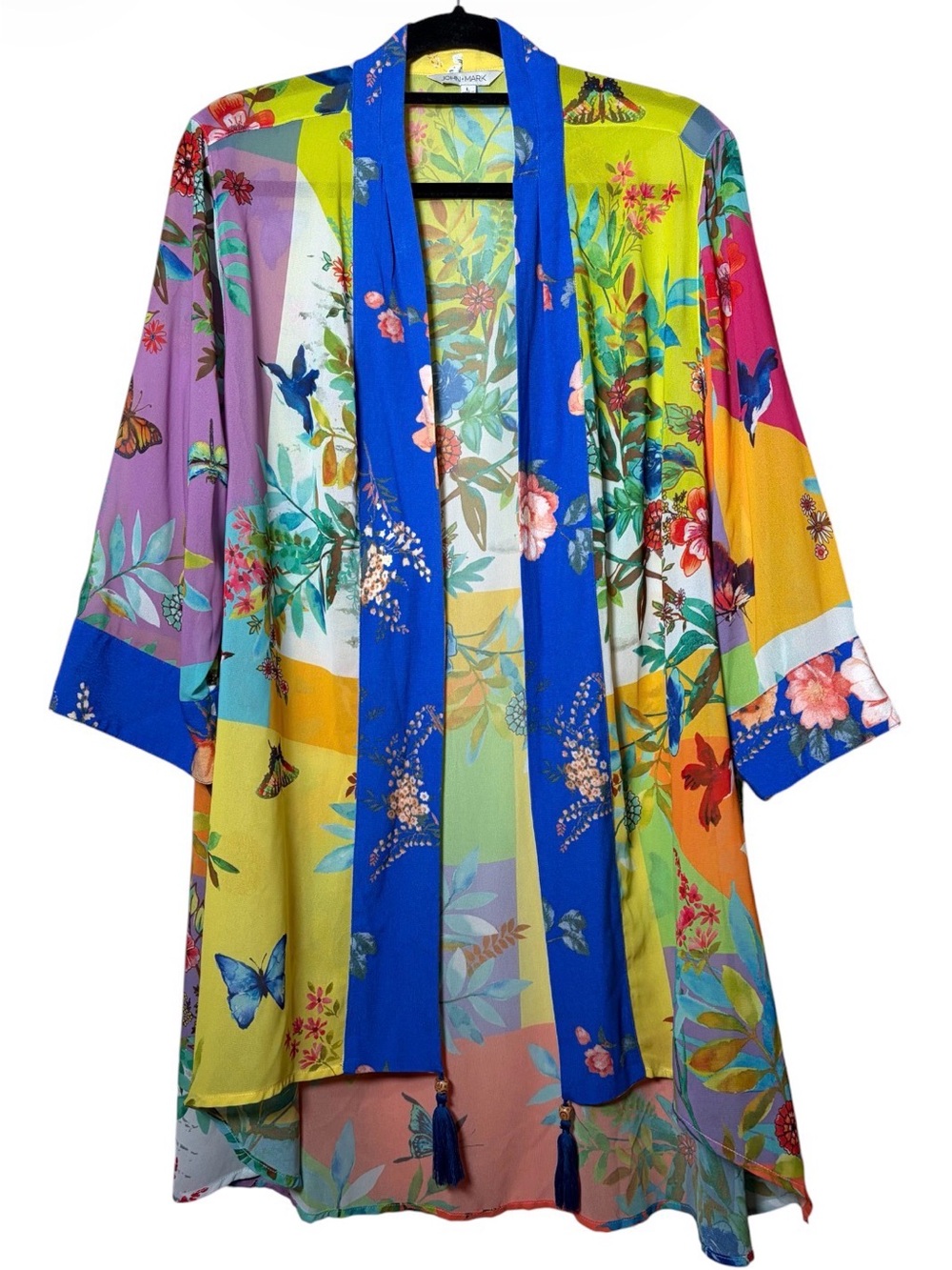 John Mark Floral Hummingbird Butterfly Kimono Cardigan Tassel Accent Large